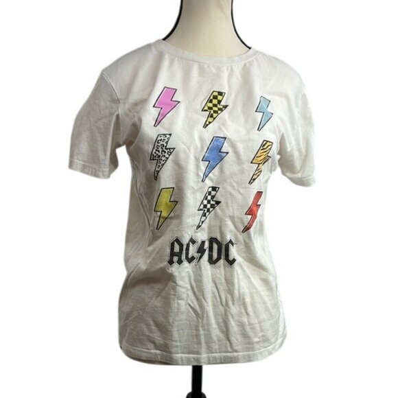 AC/DC Graphic Band T-Shirt Womens Size S White Lightning Bolt Print Perryscope - Picture 1 of 6